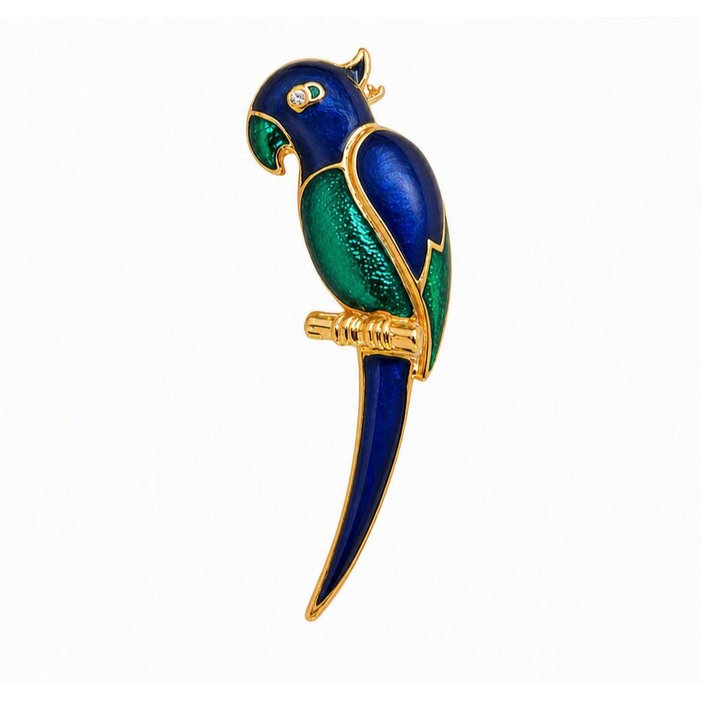 VTG Style Gold Tone Metal Blue Green Enamel Rhinestone Parrot Bird Brooch Pin